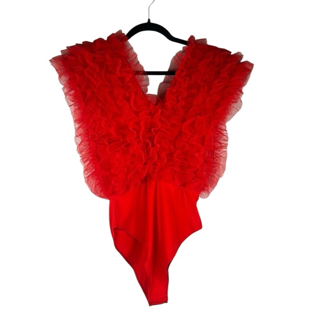 Madrag Red V-Neck Tulle 90's Y2K One Piece Bodysuit Size Small‎ New with tags!